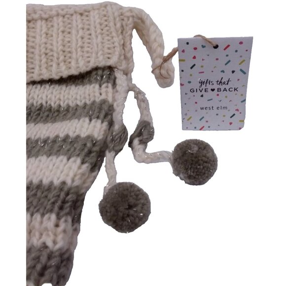 West Elm Striped Knit Wool Christmas Holiday Stocking Grey Handcrafted Nepal - Picture 8 of 9